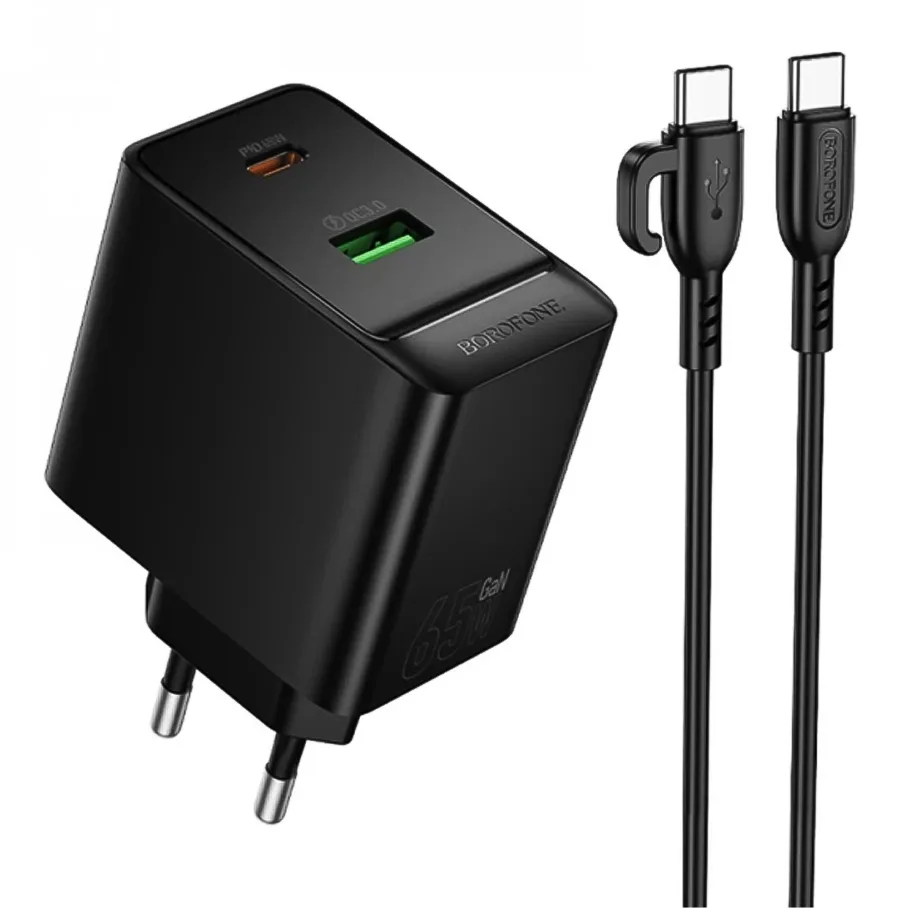 Сетевое Зарядное Устройство Borofone BAS17A 1USB-C/1USB PD/QC 65W GAN, с кабелем Type-C to Type-C, цвет черный