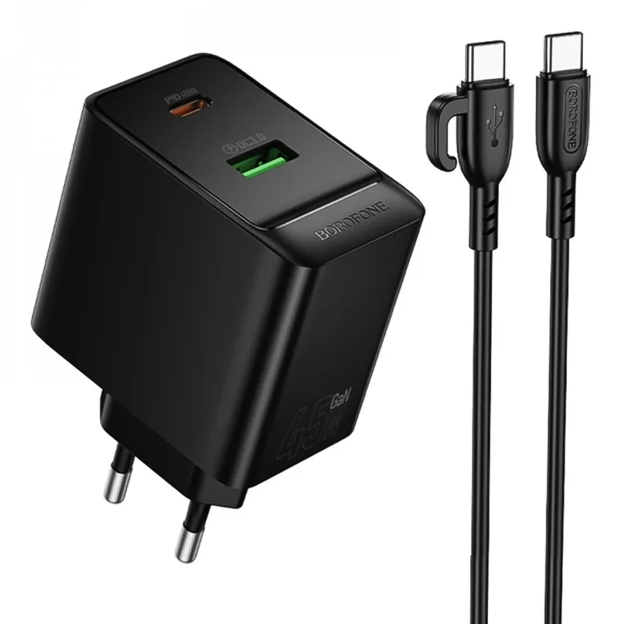 Сетевое Зарядное Устройство Borofone BAS16A 1USB-C/1USB QC/PD 45W GAN, с кабелем Type-C to Type-C, цвет черный