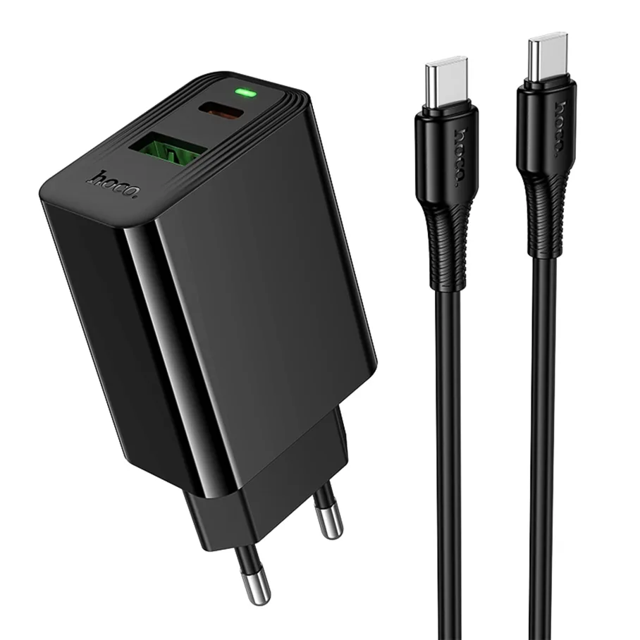 Сетевое Зарядное Устройство Hoco CS94A 1USB-C/1USB PD/QC 20W, с кабелем Type-C to Type-C, цвет черный
