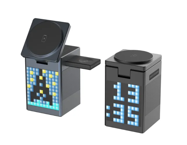Беспроводное Зарядное Устройство 5in1 15W(Pixel Display/Clock/BT Speaker 5W)IPVersion Мятая упаковка Черный